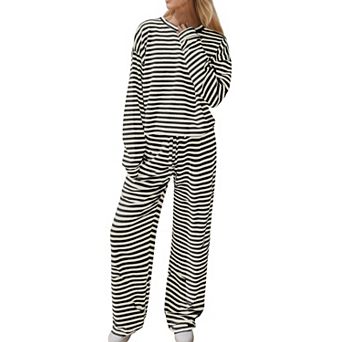 Womens 2 pc Striped Lounge Set Long Sleeve Tee Wide Leg Pants Fall Outfits