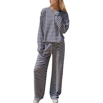 Womens 2 pc Striped Lounge Set Long Sleeve Tee Wide Leg Pants Fall Outfits