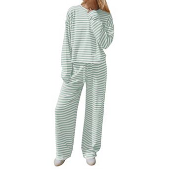 Womens 2 pc Striped Lounge Set Long Sleeve Tee Wide Leg Pants Fall Outfits