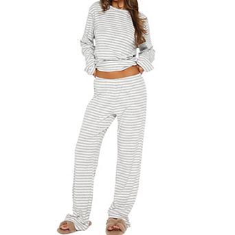 Womens 2 pc Striped Lounge Set Long Sleeve Tee Wide Leg Pants Fall Outfits