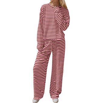 Womens 2 pc Striped Lounge Set Long Sleeve Tee Wide Leg Pants Fall Outfits