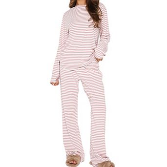 Womens 2 pc Striped Lounge Set Long Sleeve Tee Wide Leg Pants Fall Outfits