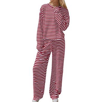 Womens 2 pc Striped Lounge Set Long Sleeve Tee Wide Leg Pants Fall Outfits