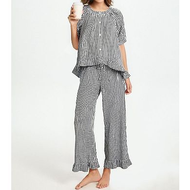 Womens 2 Pcs Gingham Cotton Pajama Set Ruffled Babydoll Lounge Wear