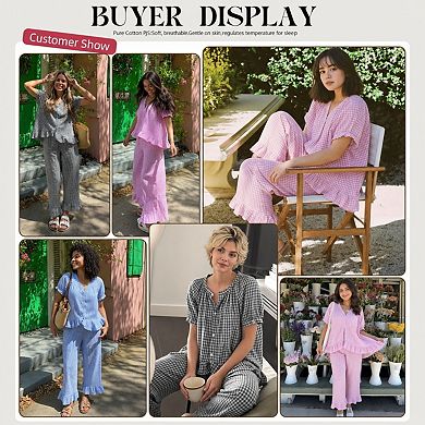 Womens 2 Pcs Gingham Cotton Pajama Set Ruffled Babydoll Lounge Wear