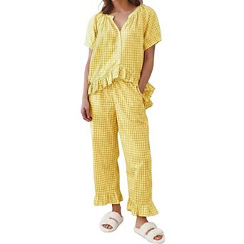Womens 2 pc Gingham Cotton Pajama Set Ruffled Babydoll Lounge Wear