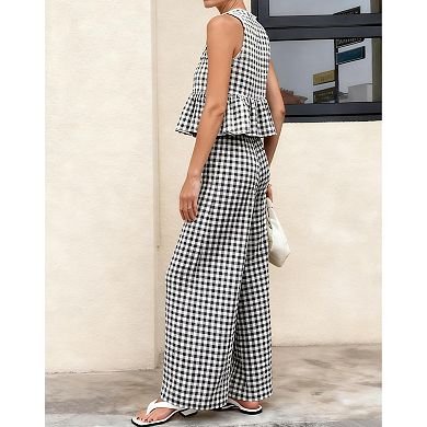 Womens 2 Pcs Cotton Gingham Lounge Set Sleeveless Tank Wide Leg Pants