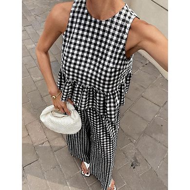 Womens 2 Pcs Cotton Gingham Lounge Set Sleeveless Tank Wide Leg Pants