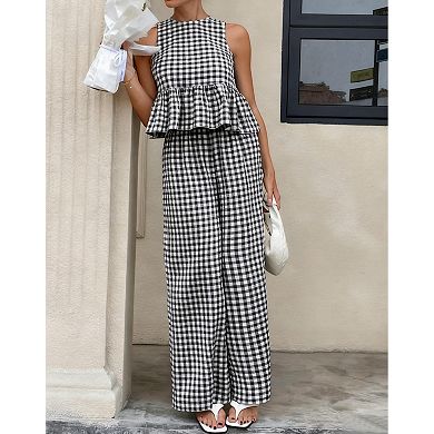 Womens 2 Pcs Cotton Gingham Lounge Set Sleeveless Tank Wide Leg Pants