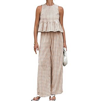 Womens 2 pc Cotton Gingham Lounge Set Sleeveless Tank Wide Leg Pants