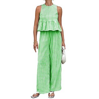 Womens 2 pc Cotton Gingham Lounge Set Sleeveless Tank Wide Leg Pants