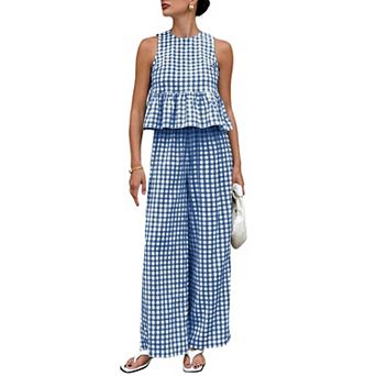 Womens 2 pc Cotton Gingham Lounge Set Sleeveless Tank Wide Leg Pants
