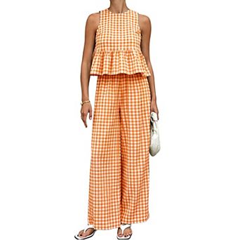 Womens 2 pc Cotton Gingham Lounge Set Sleeveless Tank Wide Leg Pants
