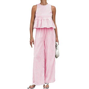 Womens 2 pc Cotton Gingham Lounge Set Sleeveless Tank Wide Leg Pants