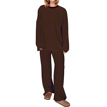 Womens 2 pc Striped Lounge Set Oversized Long Sleeve Tee Wide Leg Pants Pajamas
