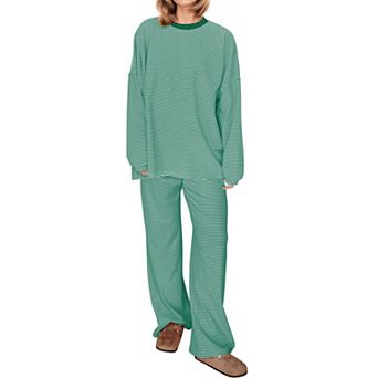 Womens 2 pc Striped Lounge Set Oversized Long Sleeve Tee Wide Leg Pants Pajamas
