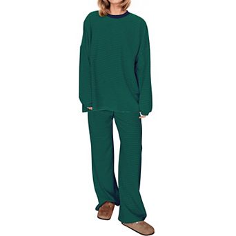 Womens 2 pc Striped Lounge Set Oversized Long Sleeve Tee Wide Leg Pants Pajamas