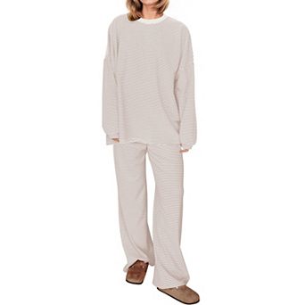 Womens 2 pc Striped Lounge Set Oversized Long Sleeve Tee Wide Leg Pants Pajamas