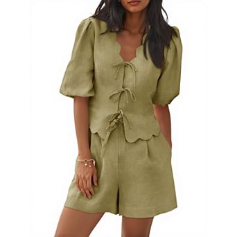 Womens 2 pc Summer Lounge Set Puff Sleeve V Neck Bow Tie Wide Leg Pajamas