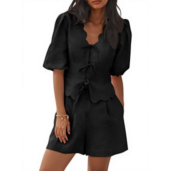 Womens 2 pc Summer Lounge Set Puff Sleeve V Neck Bow Tie Wide Leg Pajamas
