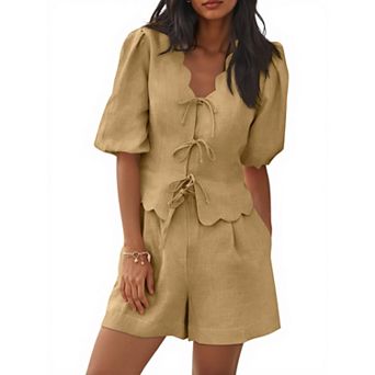 Womens 2 pc Summer Lounge Set Puff Sleeve V Neck Bow Tie Wide Leg Pajamas