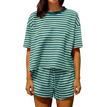 Womens 2 pc Cotton Lounge Outfits Short Sleeve Tees Drawstring Shorts Summer Casual Wear