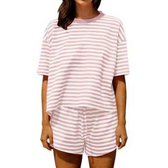 Womens 2 pc Cotton Lounge Outfits Short Sleeve Tees Drawstring Shorts Summer Casual Wear