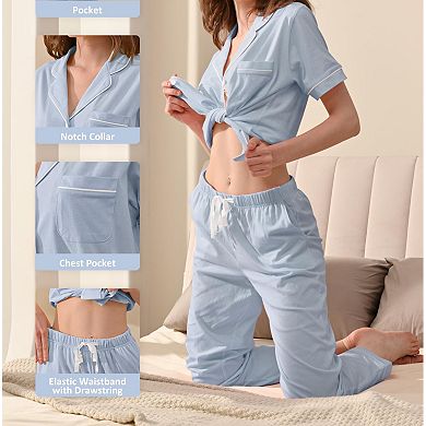 Womens 2 Pcs Cotton Pajama Set Short Sleeve Lounge Sleepwear With Pockets