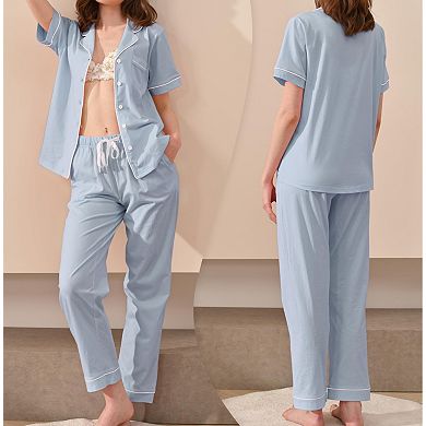 Womens 2 Pcs Cotton Pajama Set Short Sleeve Lounge Sleepwear With Pockets