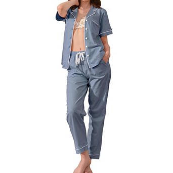 Womens 2 pc Cotton Pajama Set Short Sleeve Lounge Sleepwear With Pockets