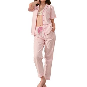 Womens 2 pc Cotton Pajama Set Short Sleeve Lounge Sleepwear With Pockets