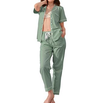 Womens 2 pc Cotton Pajama Set Short Sleeve Lounge Sleepwear With Pockets