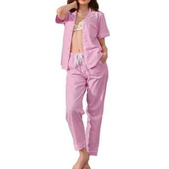 Womens 2 pc Cotton Pajama Set Short Sleeve Lounge Sleepwear With Pockets