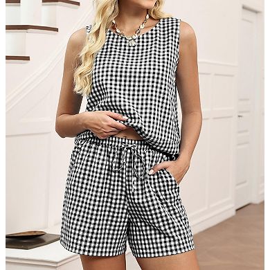 Womens 2 Pcs Cotton Summer Casual Tank Top Shorts Set With Pockets