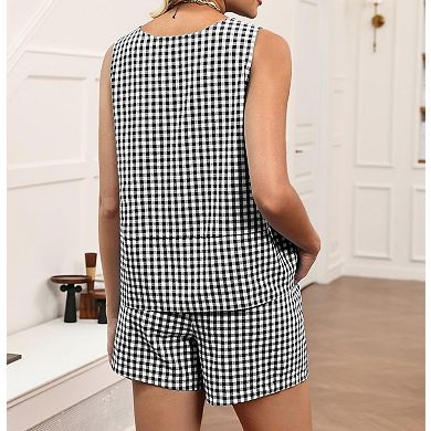 Womens 2 Pcs Cotton Summer Casual Tank Top Shorts Set With Pockets