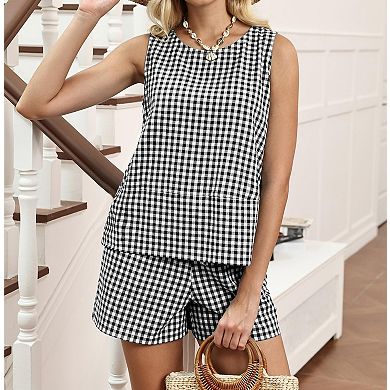 Womens 2 Pcs Cotton Summer Casual Tank Top Shorts Set With Pockets