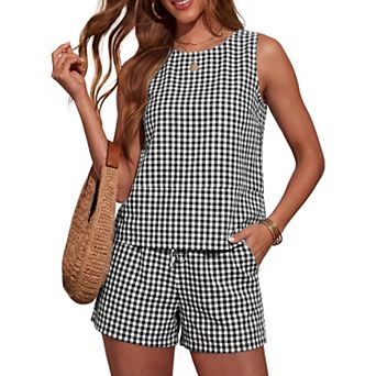 Womens 2 pc Cotton Summer Casual Tank Top Shorts Set With Pockets