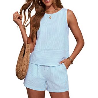 Womens 2 pc Cotton Summer Casual Tank Top Shorts Set With Pockets