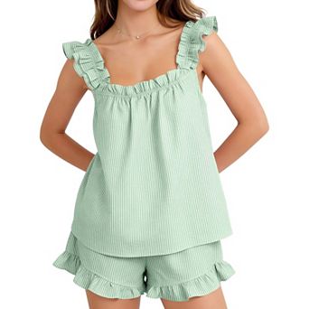 Womens 2 pc Cotton Ruffle Sleeveless Pajama Set Bridal Lounge Sleepwear