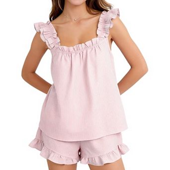 Womens 2 pc Cotton Ruffle Sleeveless Pajama Set Bridal Lounge Sleepwear