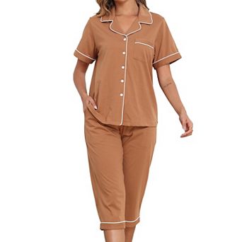 Womens 2 pc Cotton Capri Pajama Set Short Sleeve Lounge Sleepwear