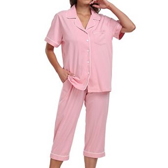 Womens 2 pc Cotton Capri Pajama Set Short Sleeve Lounge Sleepwear