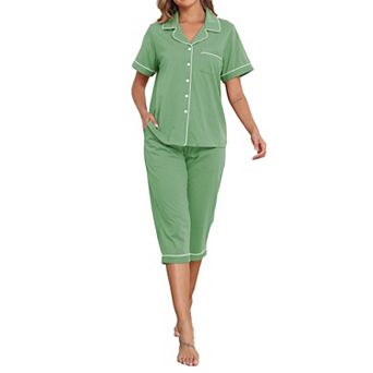 Womens 2 pc Cotton Capri Pajama Set Short Sleeve Lounge Sleepwear