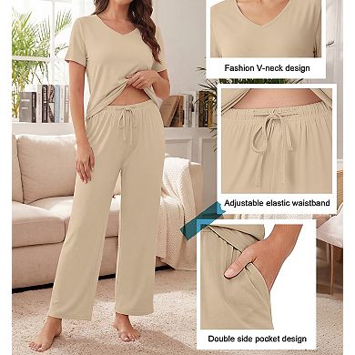 3-Pack Womens Short Sleeve V Neck Pajama Set Soft Loungewear With Pockets