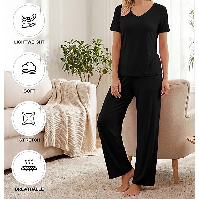 3-Pack Womens Short Sleeve V Neck Pajama Set Soft Loungewear With Pockets