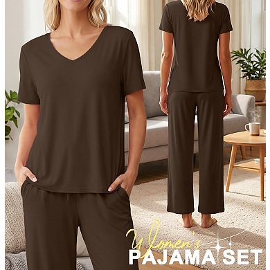 3-Pack Womens Short Sleeve V Neck Pajama Set Soft Loungewear With Pockets