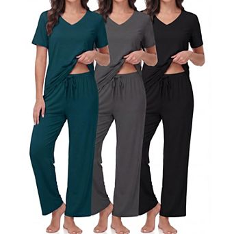 3-Pack Womens Short Sleeve V Neck Pajama Set Soft Loungewear With Pockets