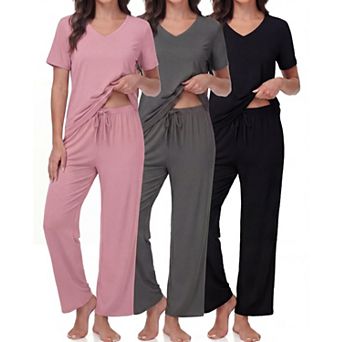 3-Pack Womens Short Sleeve V Neck Pajama Set Soft Loungewear With Pockets