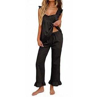 Womens 2 pc Ruffle Lounge Set Soft Tank Top Long Pants With Pockets