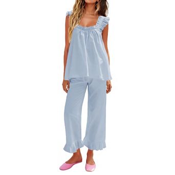 Womens 2 pc Ruffle Lounge Set Soft Tank Top Long Pants With Pockets